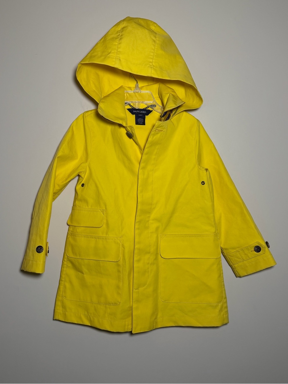 Ralph Lauren Girls Yellow Hooded Raincoat Jacket 4T Cotton Button Front Hood